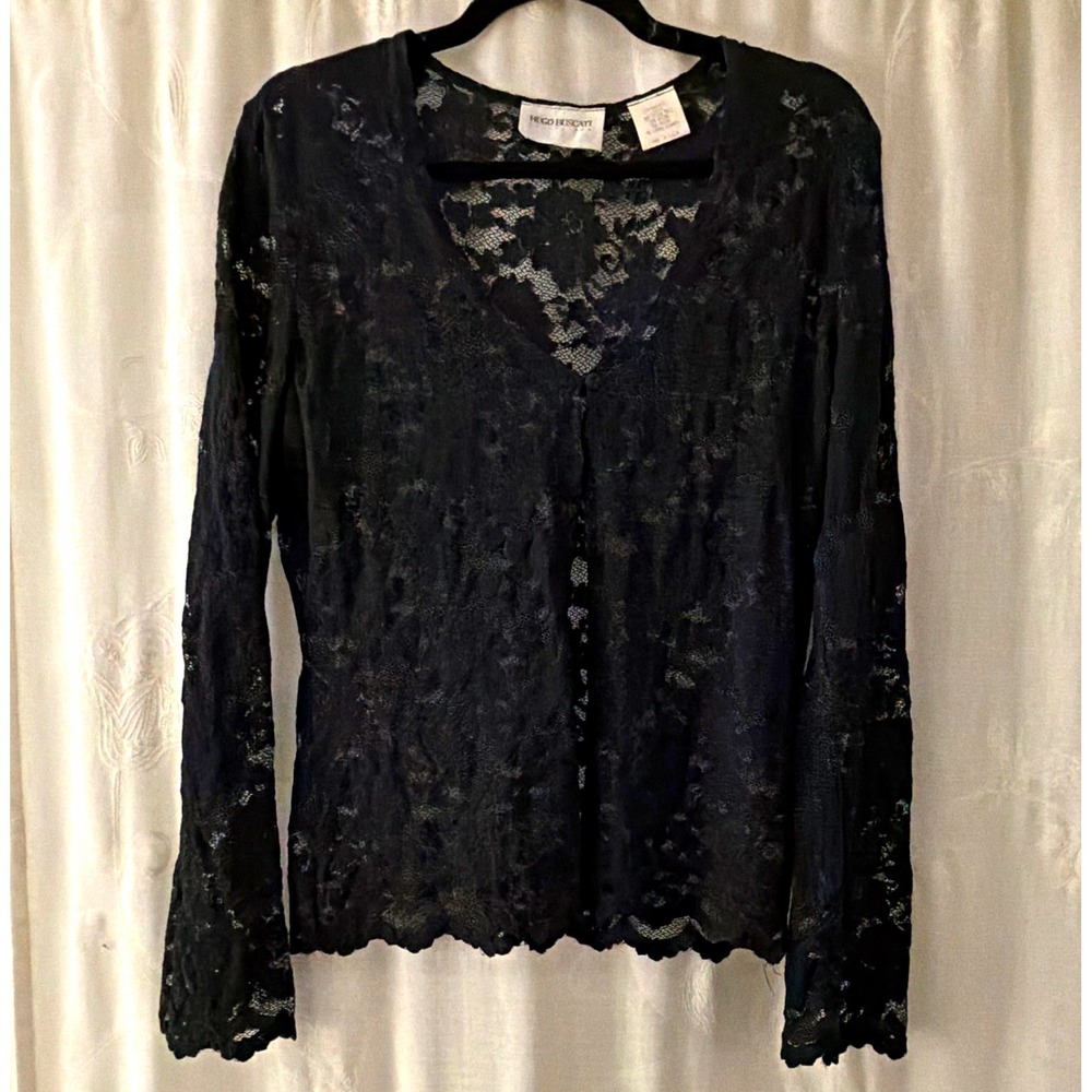Hugo Buscati Collection Black Floral Lace Sheer one Button Cardigan goth vamp